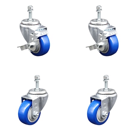 Service Caster 3.5 Inch SS Blue Polyurethane Swivel 3/8 Inch Threaded Stem Caster Brakes, 2PK SSTS20S3514-PPUB-BLU-TLB-381615-2-S2